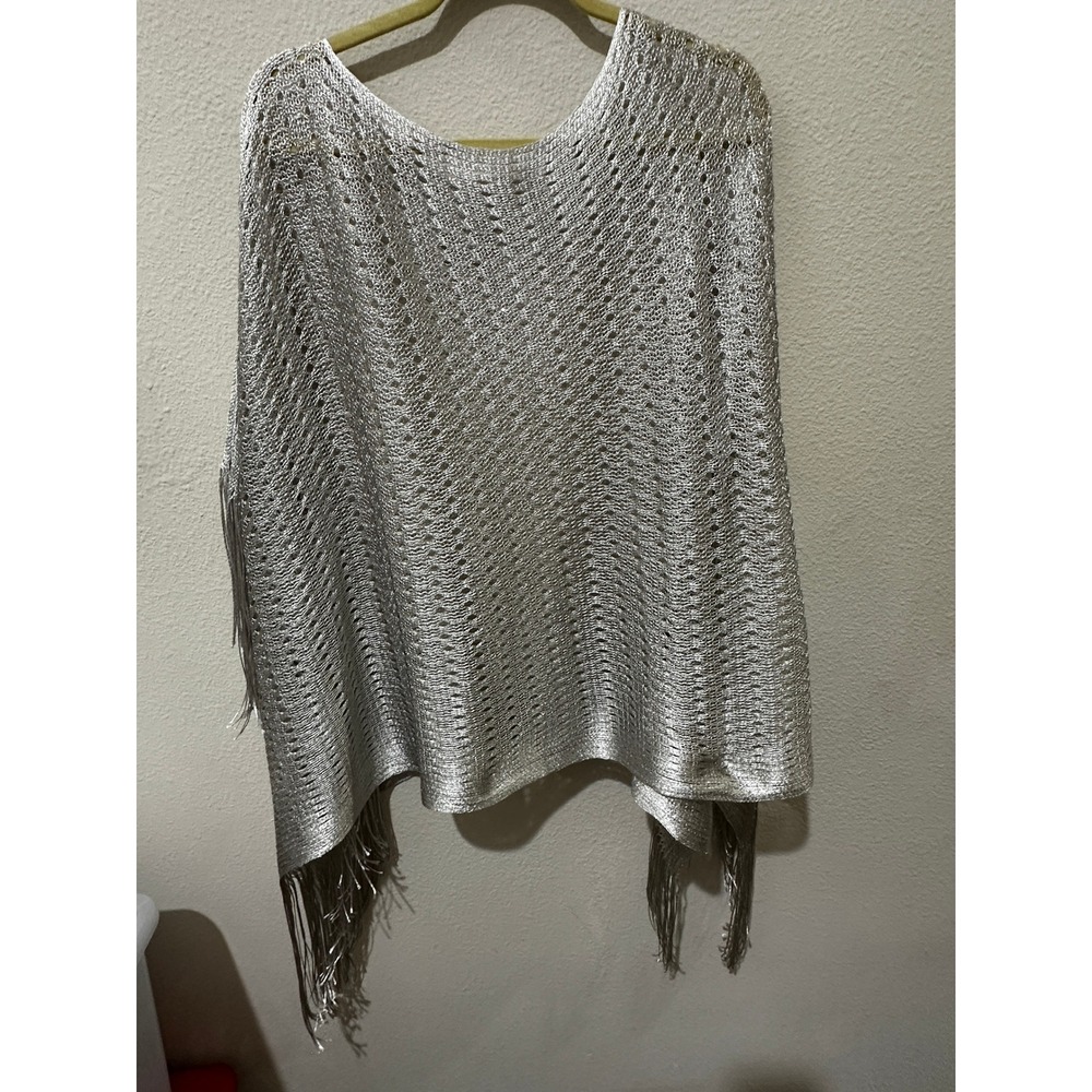 Metallic Silver Knit Poncho Wrap Women One Size Fringe Crochet Shawl Shrug Boho